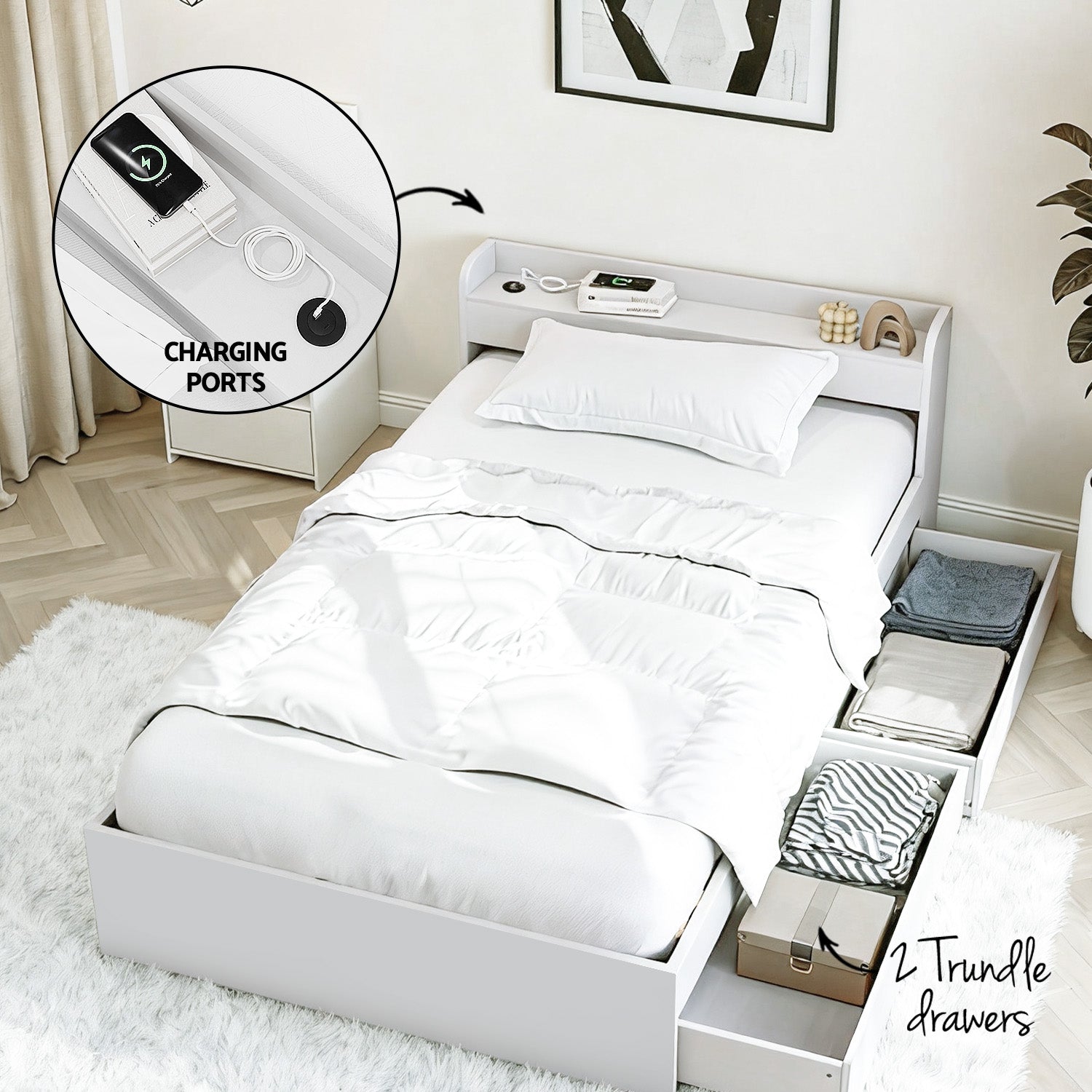 Artiss Single Bed Frame with Charging Ports and Bedside Table Awezingly