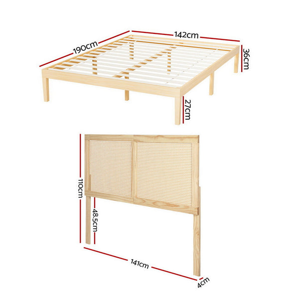 Artiss Bed Frame Double Size with Rattan Headboard Wooden Bed Base BRUNO Awezingly