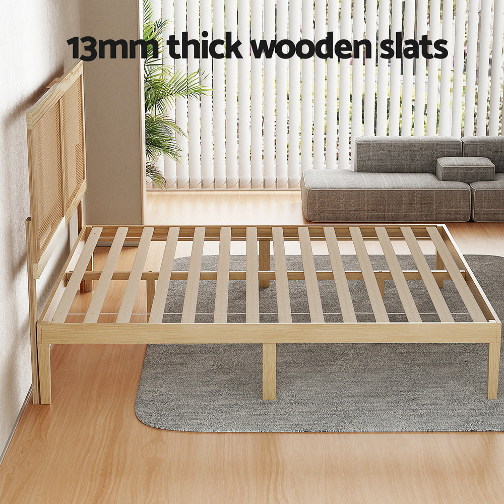 Artiss Bed Frame Double Size with Rattan Headboard Wooden Bed Base BRUNO Awezingly