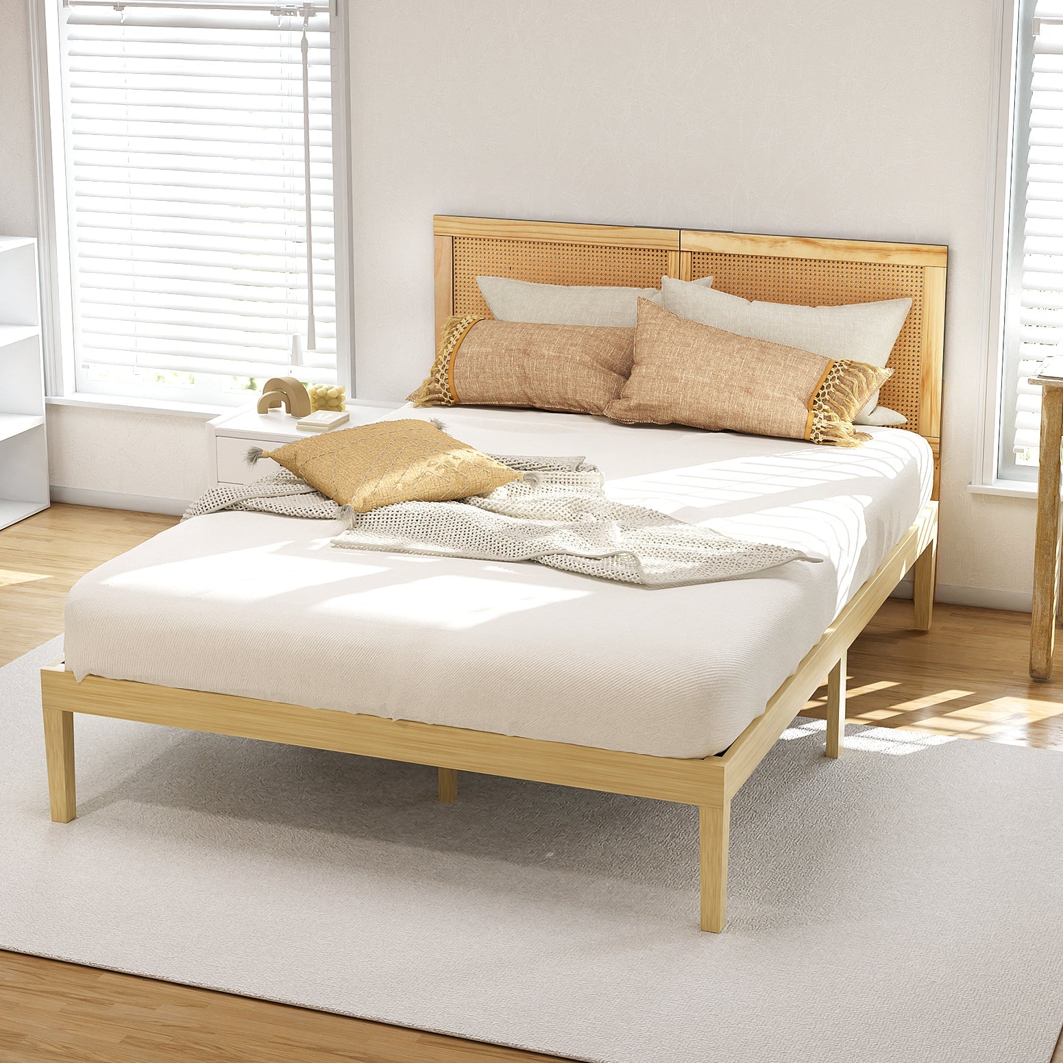 Artiss Bed Frame Double Size with Rattan Headboard Wooden Bed Base BRUNO Awezingly