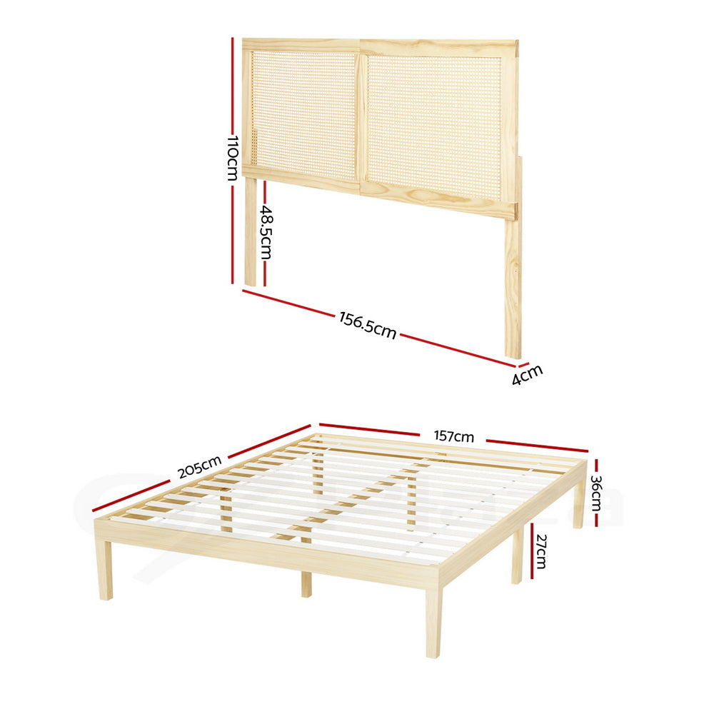 Artiss Bed Frame Queen Size with Rattan Headboard Wooden Bed Base BRUNO Awezingly