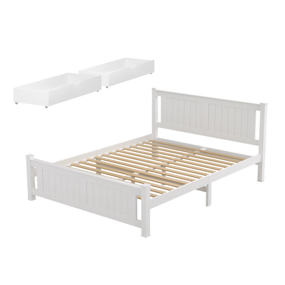 Artiss Bed Frame Double Size Wooden Platform with 2 Storage Drawers White RIO Awezingly