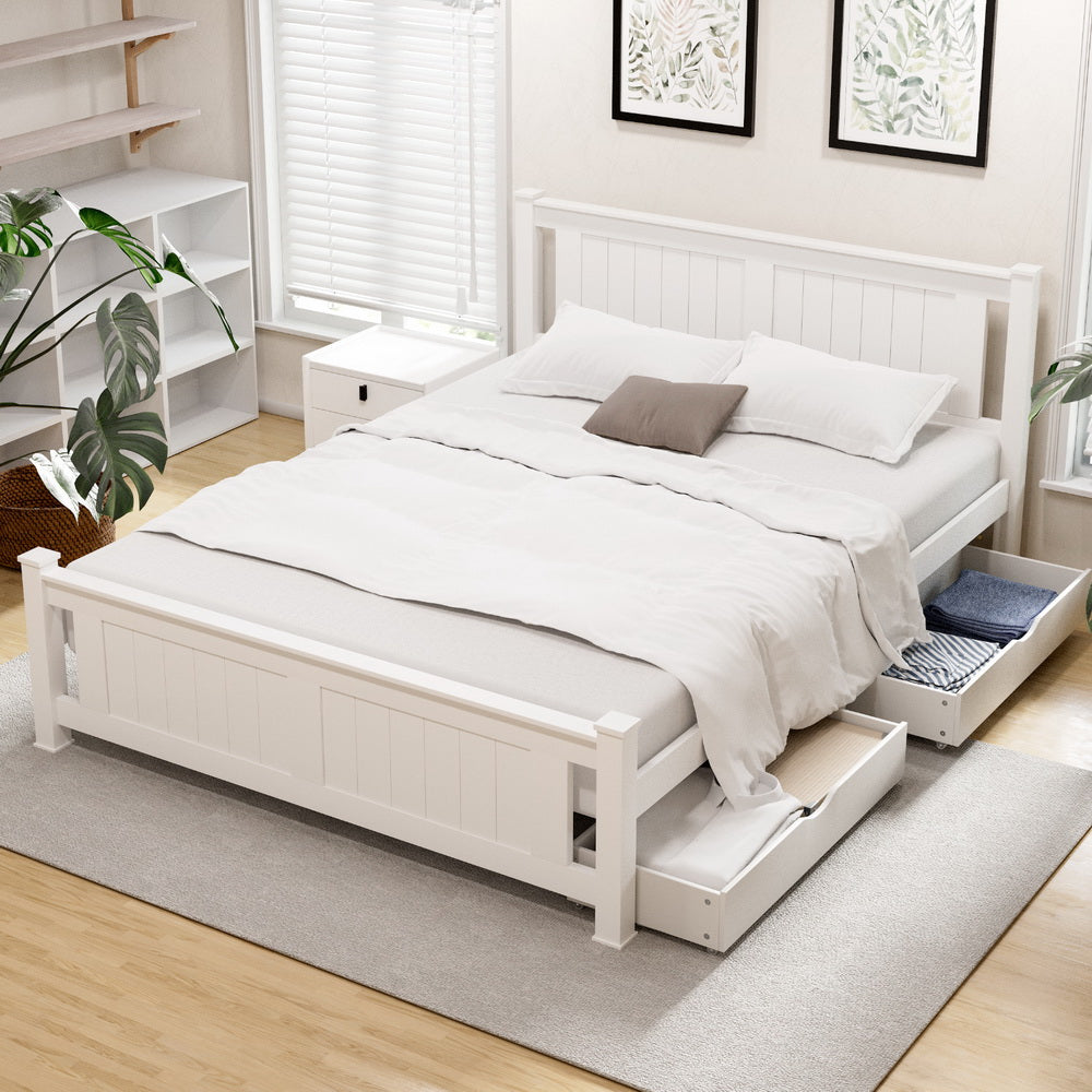 Artiss Bed Frame Double Size Wooden Platform with 2 Storage Drawers White RIO Awezingly