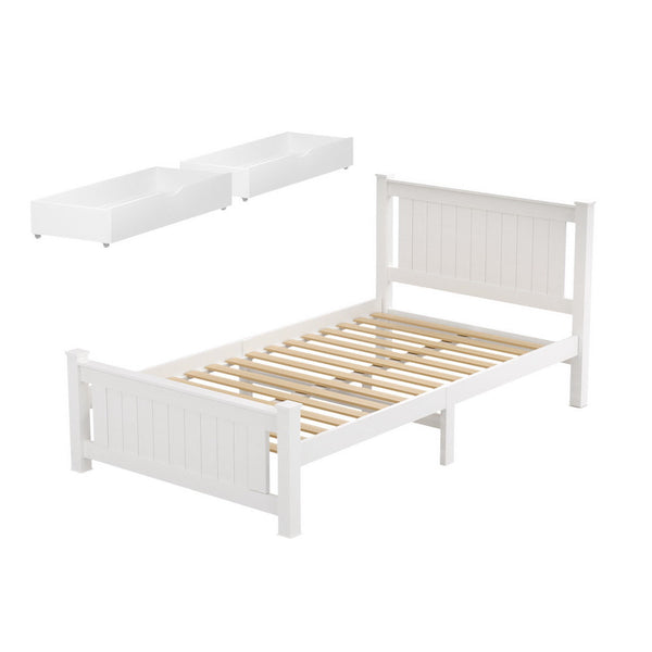 Artiss Bed Frame King Single Size Wooden Platform with 2 Storage Drawers White RIO Awezingly