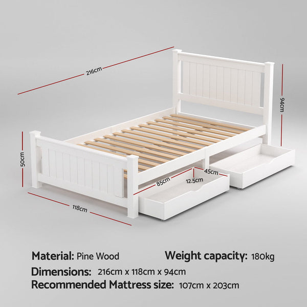 Artiss Bed Frame King Single Size Wooden Platform with 2 Storage Drawers White RIO Awezingly