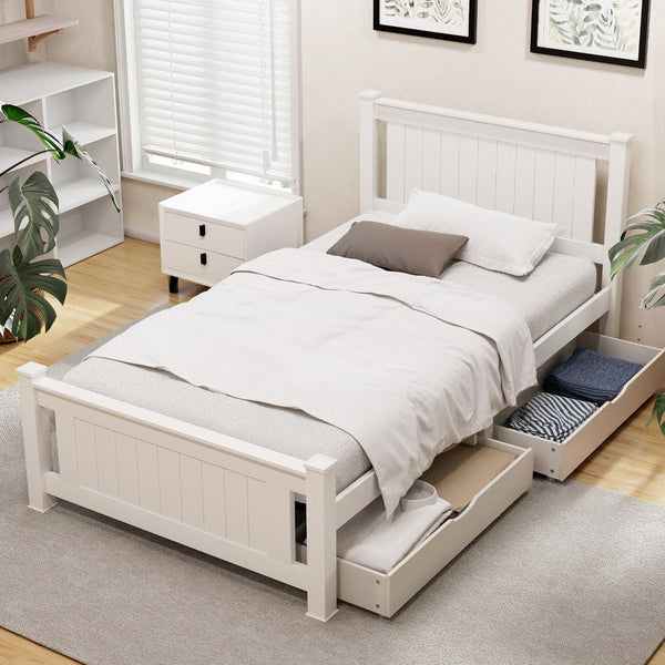 Artiss Bed Frame King Single Size Wooden Platform with 2 Storage Drawers White RIO Awezingly