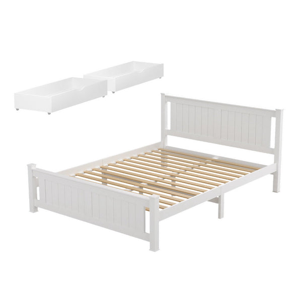 Artiss Bed Frame Queen Size Wooden Platform with 2 Storage Drawers White RIO Awezingly
