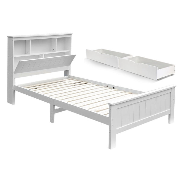 Artiss Bed Frame King Single Size Wooden with 2 Storage Drawers White Artiss