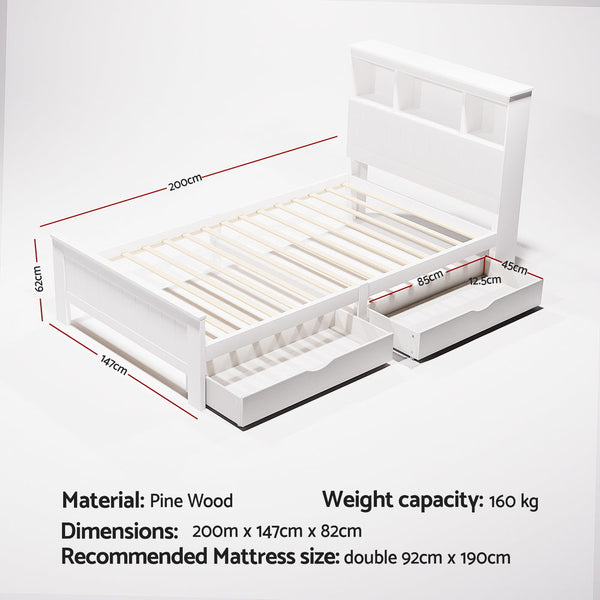 Artiss Bed Frame King Single Size Wooden with 2 Storage Drawers White Artiss