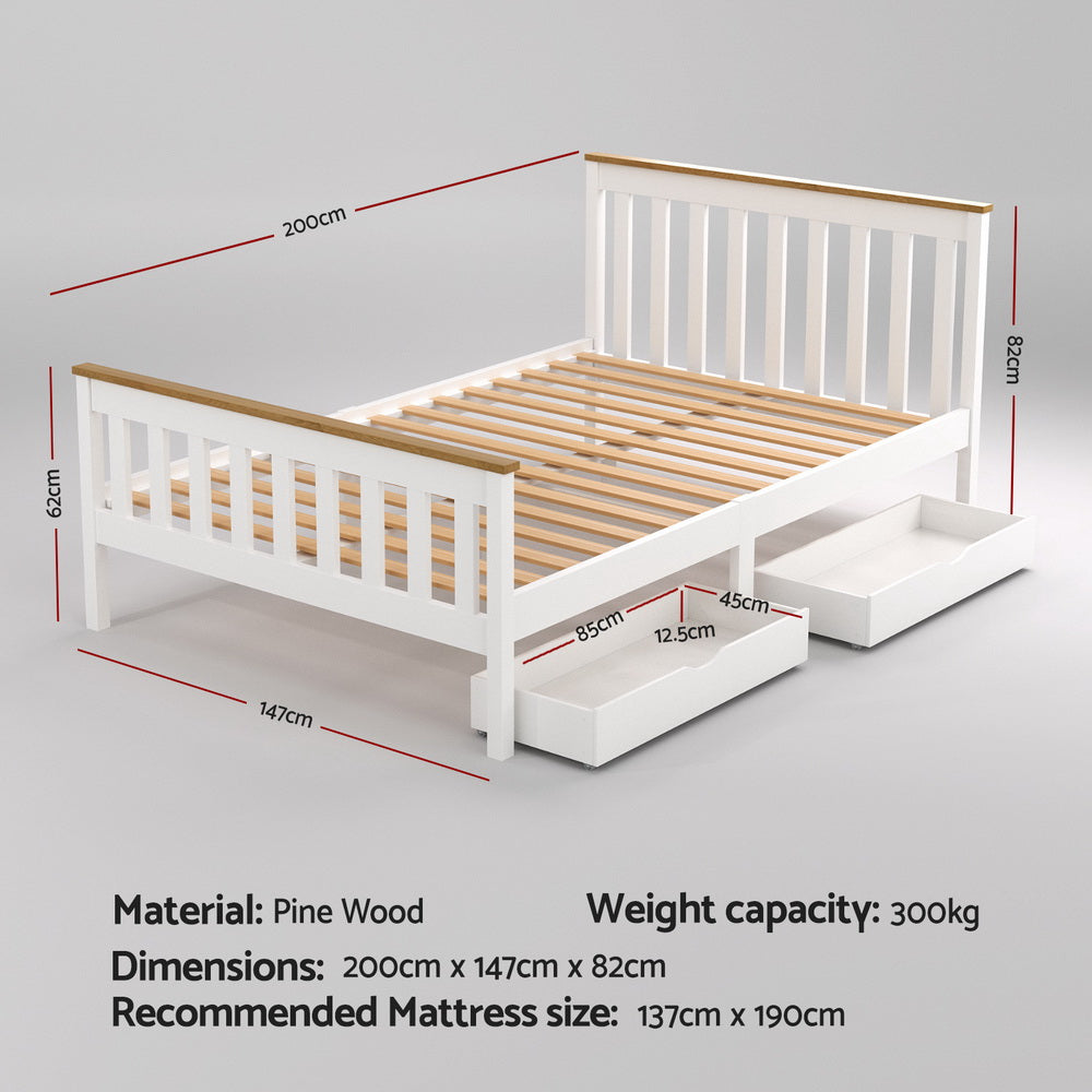 Artiss Bed Frame Double Size Wooden Platform with 2 Storage Drawers White PONY Awezingly
