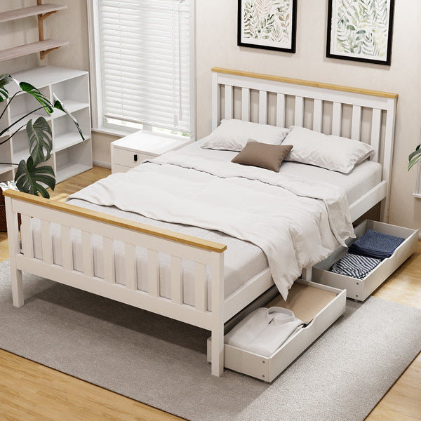Artiss Bed Frame Double Size Wooden Platform with 2 Storage Drawers White PONY Awezingly