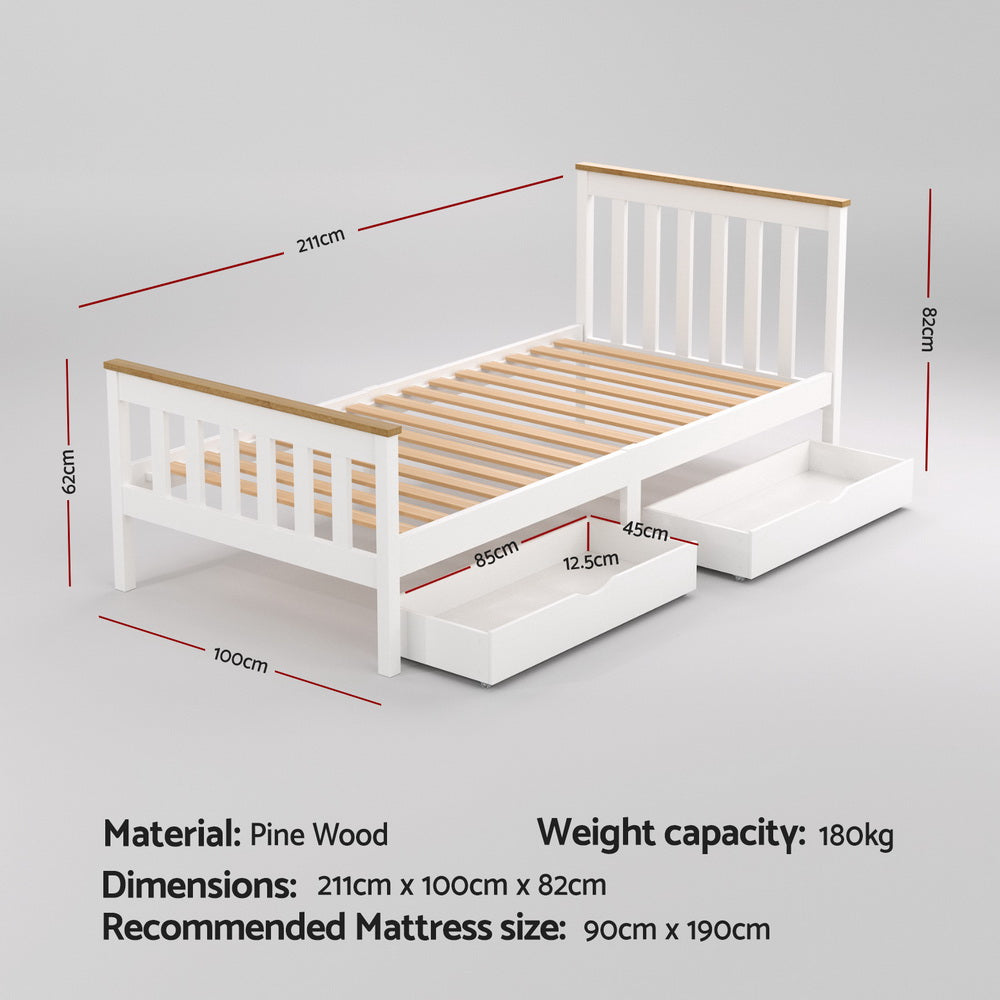 Artiss Bed Frame Single Size Wooden Platform with 2 Storage Drawers White PONY Awezingly