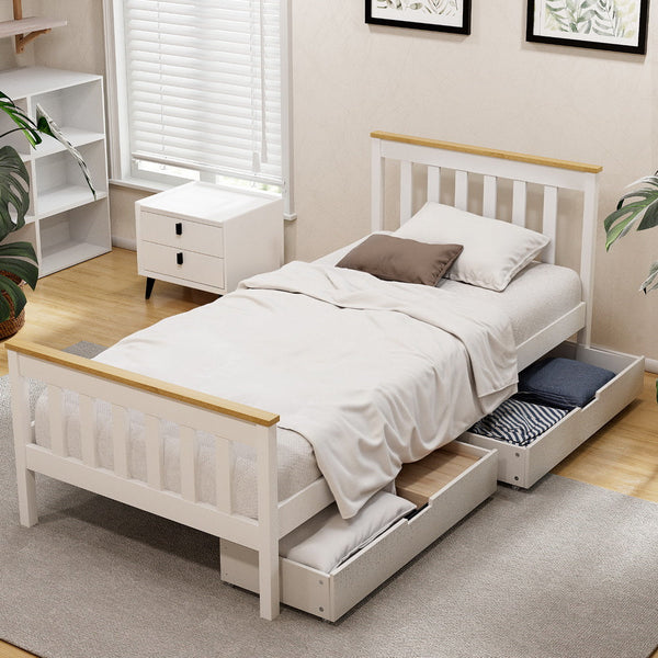 Artiss Bed Frame Single Size Wooden Platform with 2 Storage Drawers White PONY Awezingly
