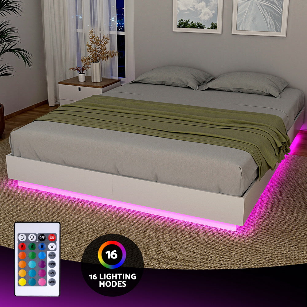 Artiss Double Bed Frame with 16Colour Led Light Wooden Platform Bed Base DAYGLOW Awezingly