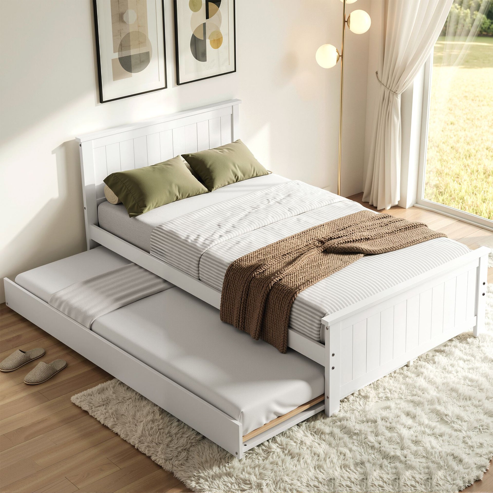 Artiss Single Bed Frame with Trundle Solid Wood Toddler Bunk Bed with Headboard White Awezingly