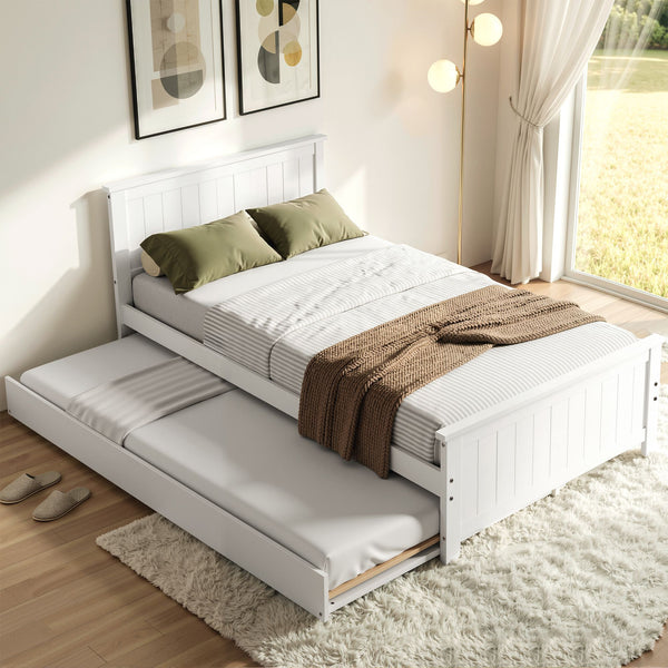 Artiss Single Bed Frame with Trundle Solid Wood Toddler Bunk Bed with Headboard White Awezingly