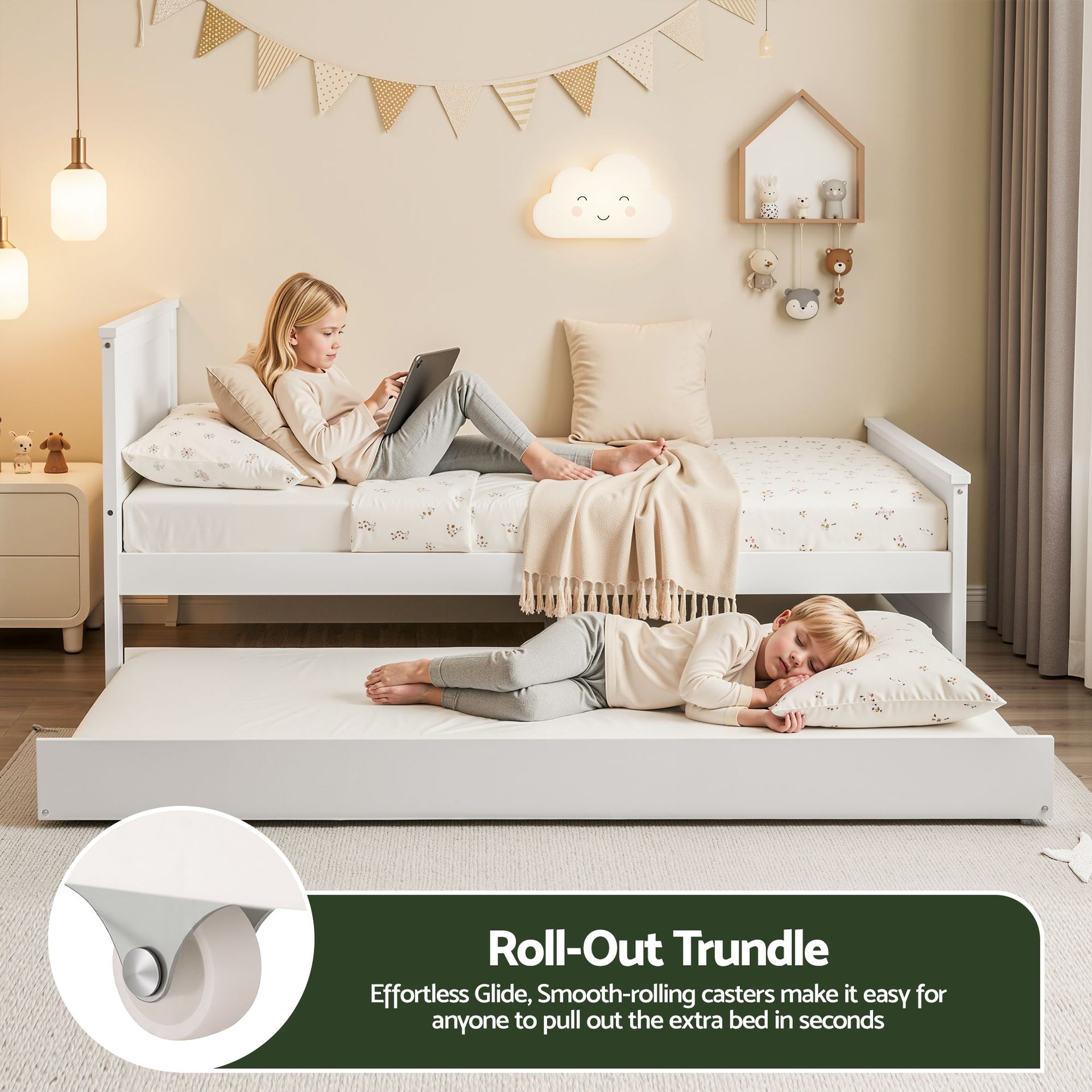 Artiss Single Bed Frame with Trundle Solid Wood Toddler Bunk Bed with Headboard White Awezingly