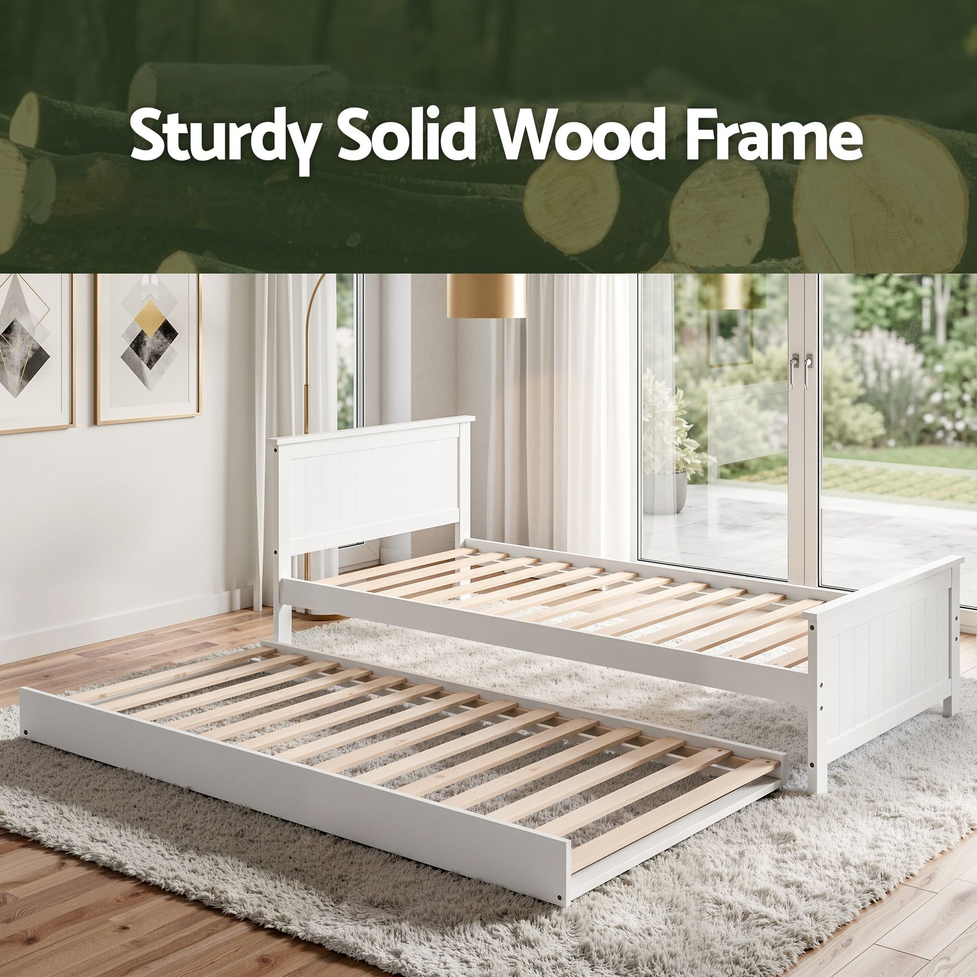 Artiss Single Bed Frame with Trundle Solid Wood Toddler Bunk Bed with Headboard White Awezingly