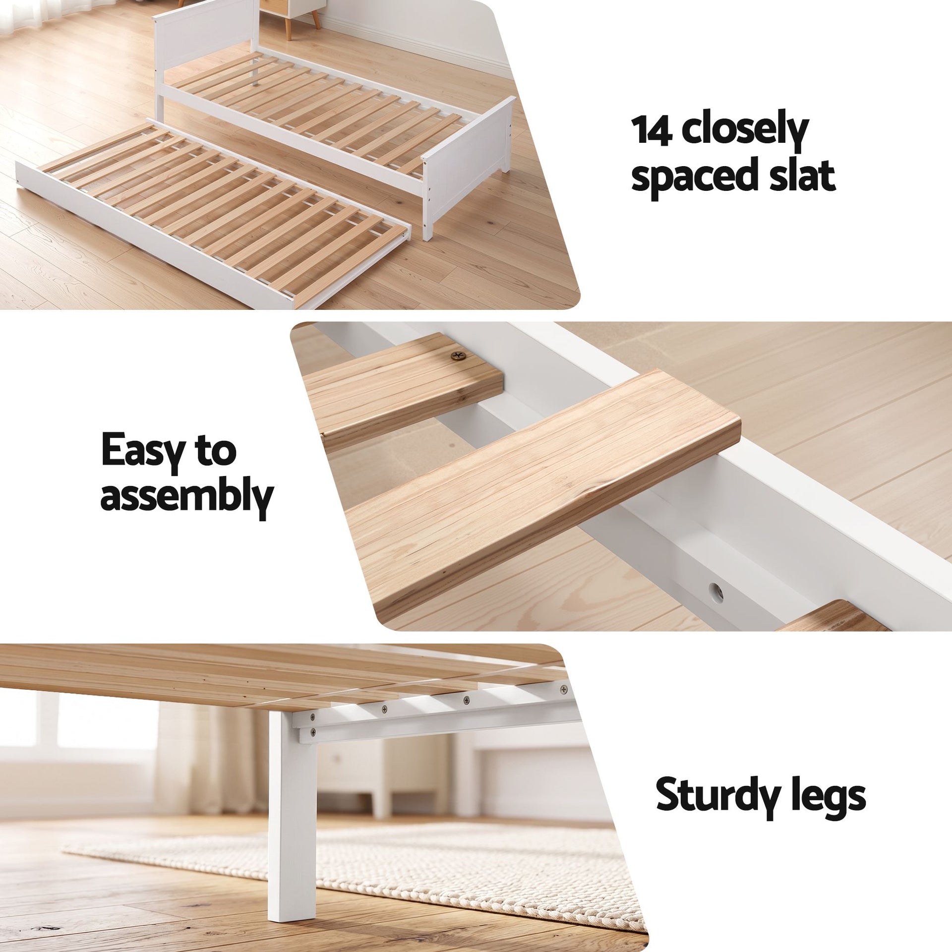 Artiss Single Bed Frame with Trundle Solid Wood Toddler Bunk Bed with Headboard White Awezingly