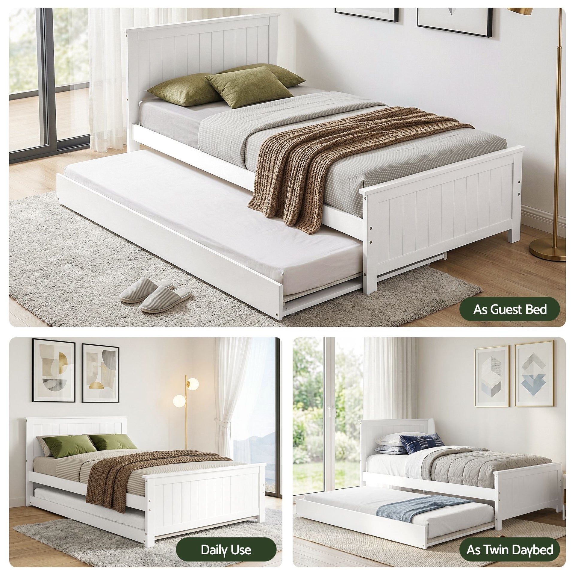 Artiss Single Bed Frame with Trundle Solid Wood Toddler Bunk Bed with Headboard White Awezingly