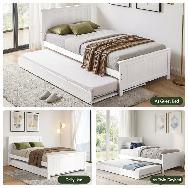 Artiss Single Bed Frame with Trundle Solid Wood Toddler Bunk Bed with Headboard White Awezingly