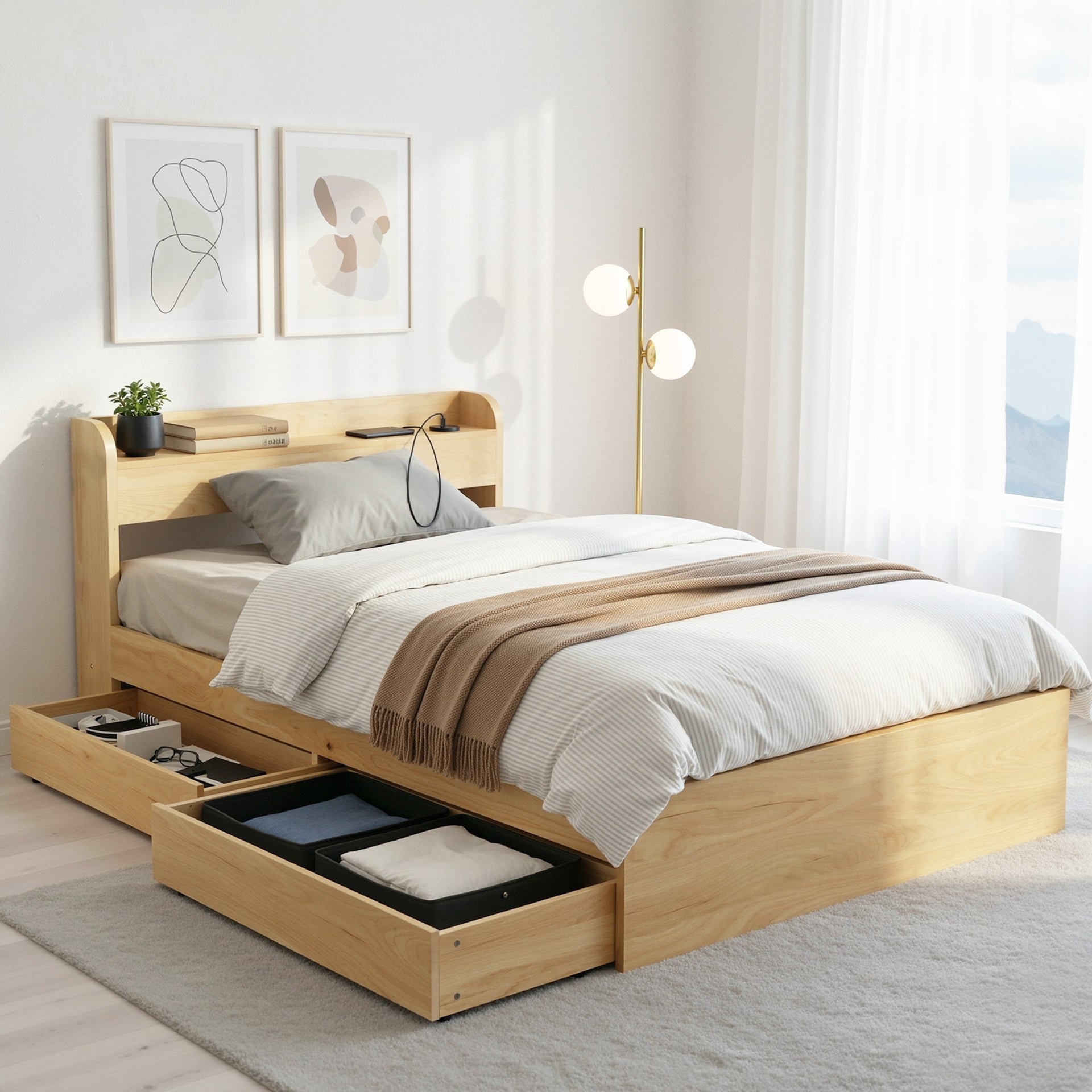 Artiss King Single Bed Frame with 2 Drawers Platform Bed with Headboard Bed Base with USB Ports Natural Awezingly