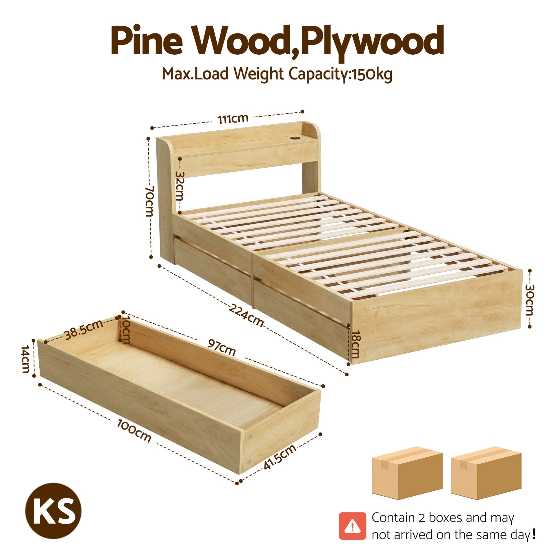 Artiss King Single Bed Frame with 2 Drawers Platform Bed with Headboard Bed Base with USB Ports Natural Awezingly