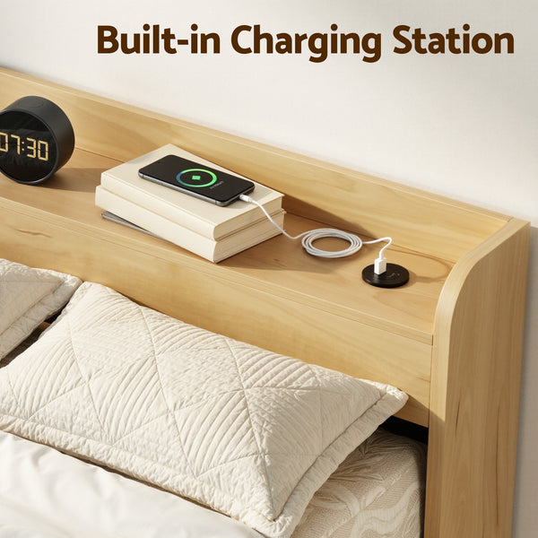 Artiss King Single Bed Frame with 2 Drawers Platform Bed with Headboard Bed Base with USB Ports Natural Awezingly