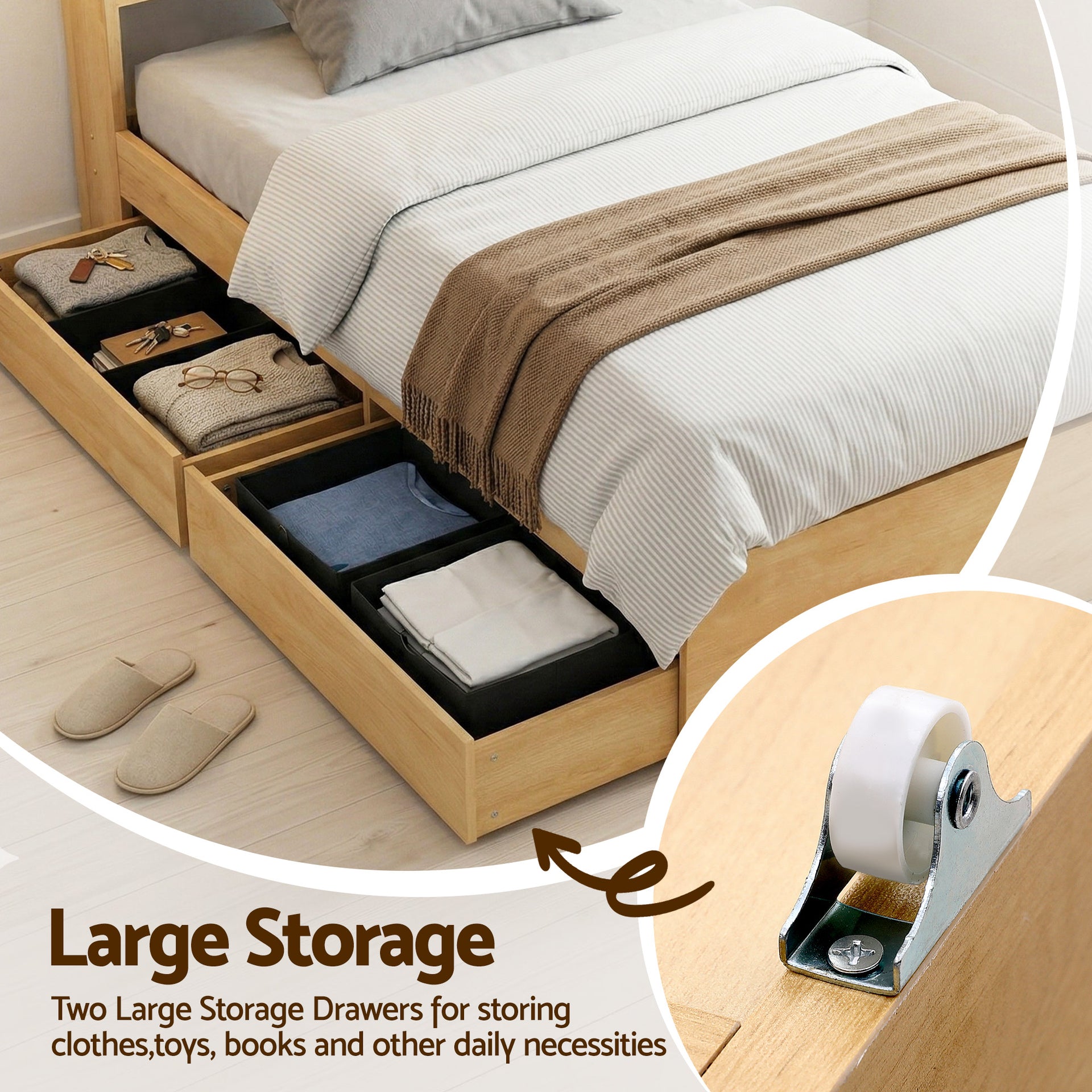 Artiss King Single Bed Frame with 2 Drawers Platform Bed with Headboard Bed Base with USB Ports Natural Awezingly