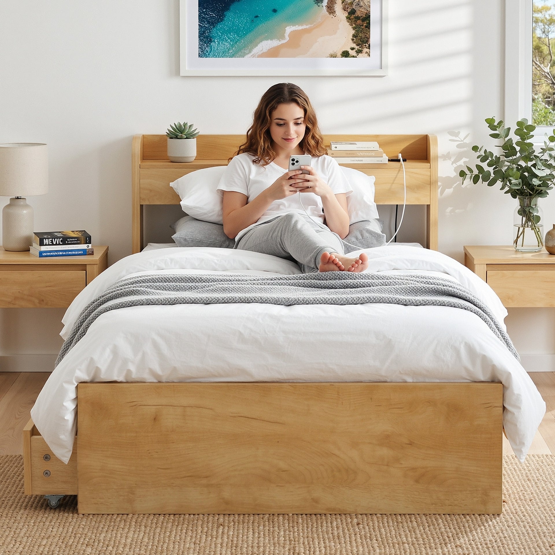 Artiss King Single Bed Frame with 2 Drawers Platform Bed with Headboard Bed Base with USB Ports Natural Awezingly