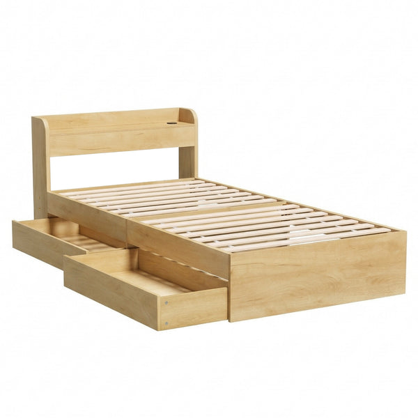 Artiss King Single Bed Frame with 2 Drawers Platform Bed with Headboard Bed Base with USB Ports Natural Awezingly
