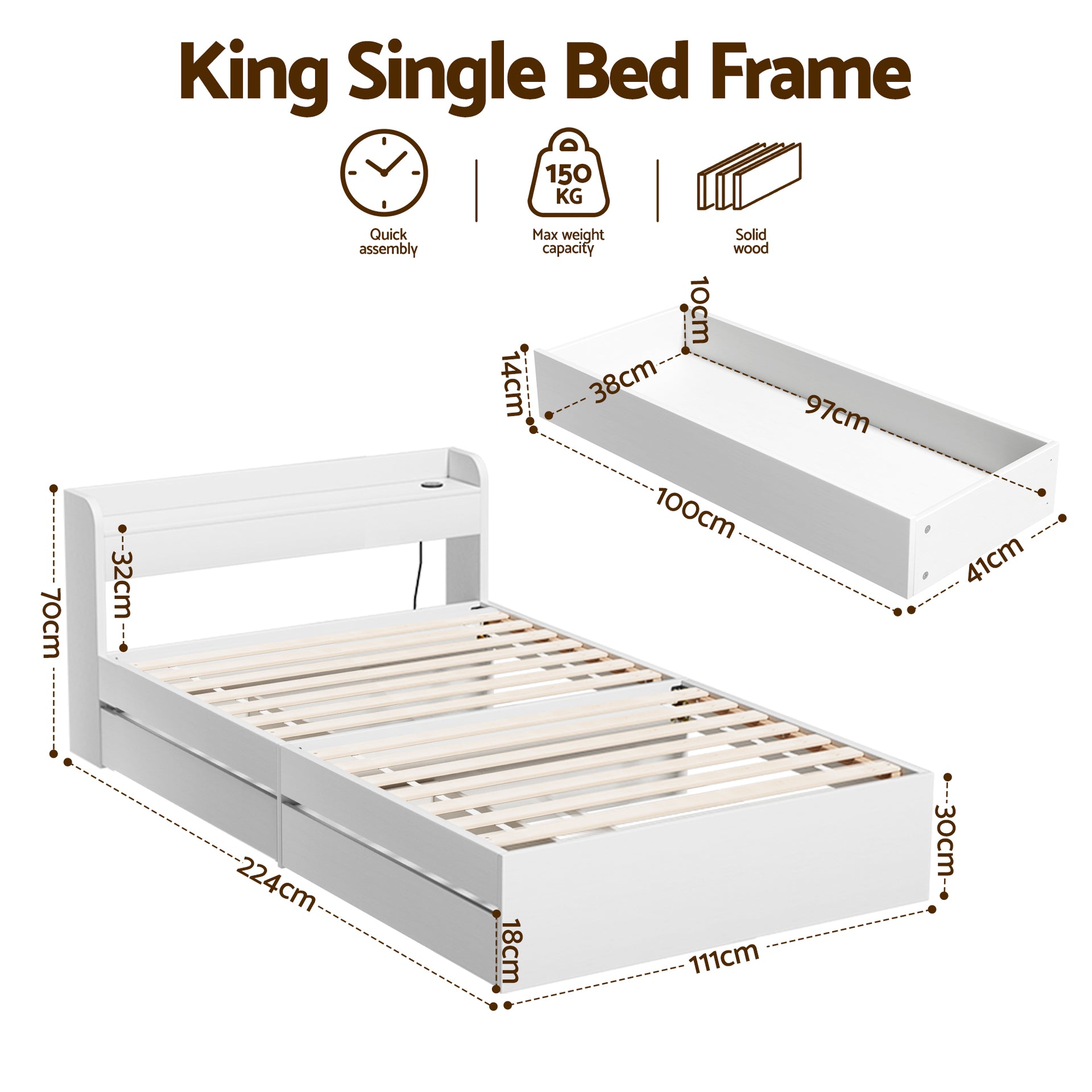Artiss Bed Frame Single Size with Charging Ports and 2 Drawers AURA Awezingly