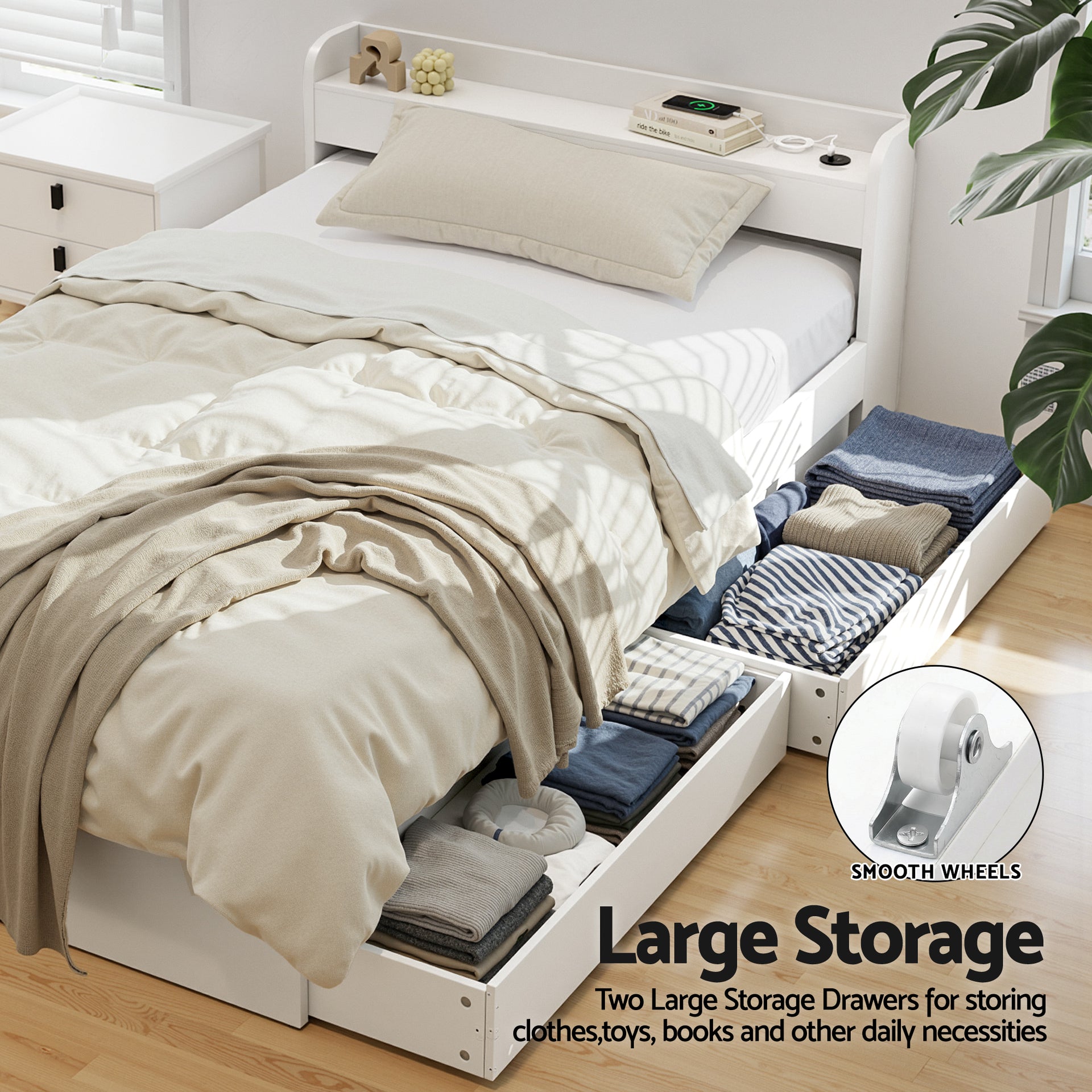 Artiss Bed Frame Single Size with Charging Ports and 2 Drawers AURA Awezingly
