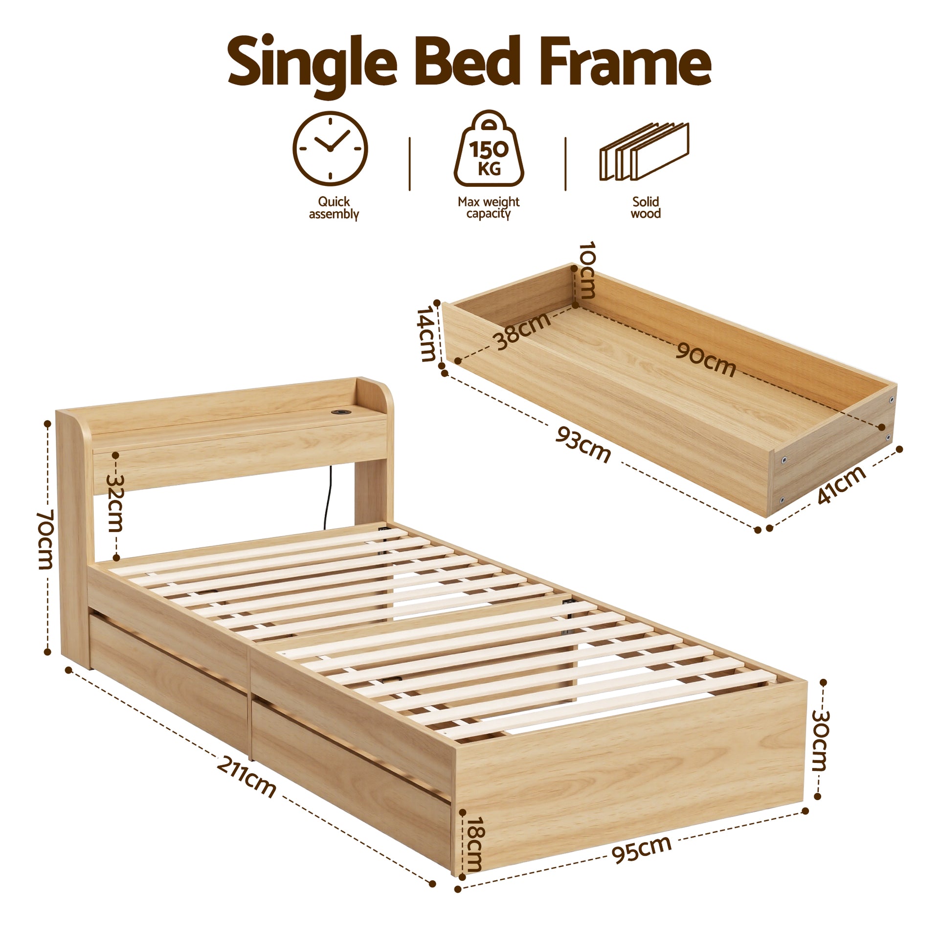 Artiss Single Bed Frame with 2 Storage Drawers Platform Bed Base with USB Ports Sturdy Wooden Slat Support Natural Awezingly