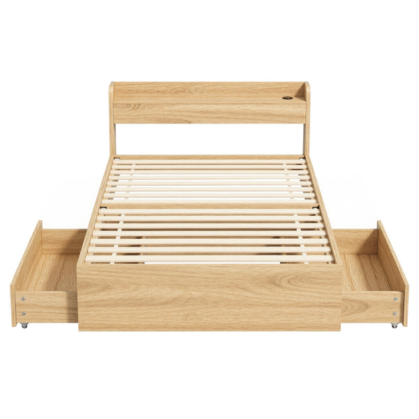 Artiss Single Bed Frame with 2 Storage Drawers Platform Bed Base with USB Ports Sturdy Wooden Slat Support Natural Awezingly