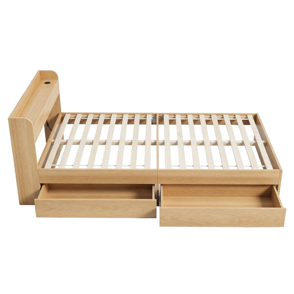 Artiss Single Bed Frame with 2 Storage Drawers Platform Bed Base with USB Ports Sturdy Wooden Slat Support Natural Awezingly