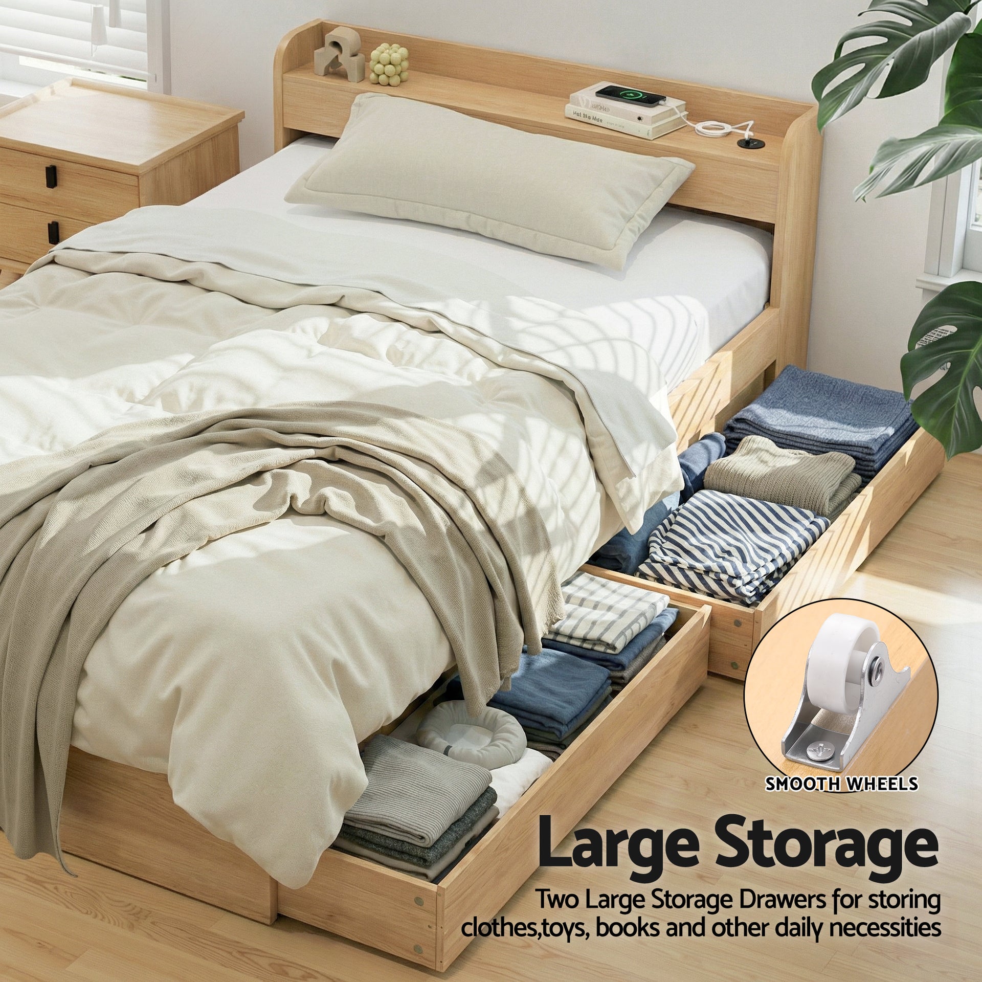 Artiss Single Bed Frame with 2 Storage Drawers Platform Bed Base with USB Ports Sturdy Wooden Slat Support Natural Awezingly