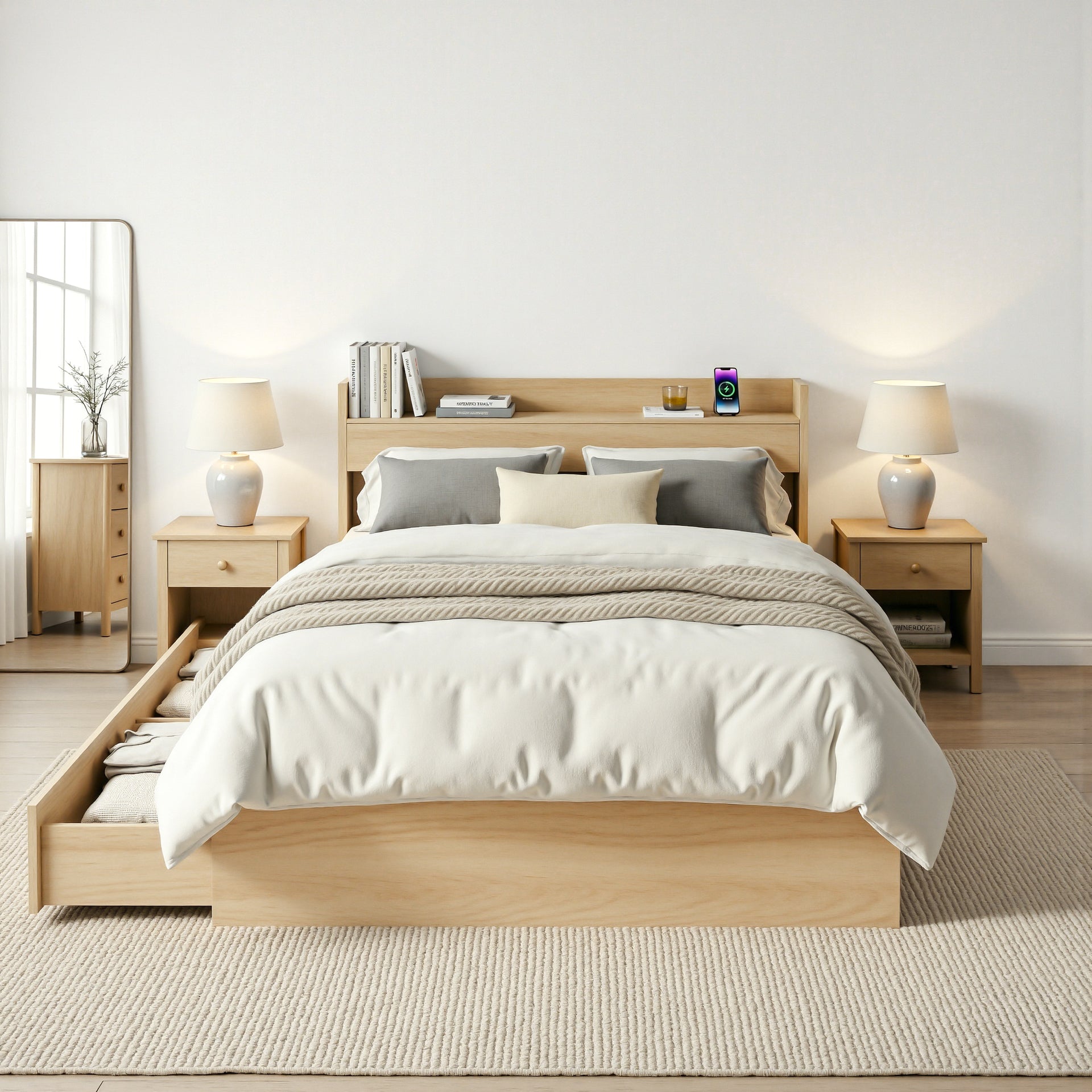 Artiss Single Bed Frame with 2 Storage Drawers Platform Bed Base with USB Ports Sturdy Wooden Slat Support Natural Awezingly