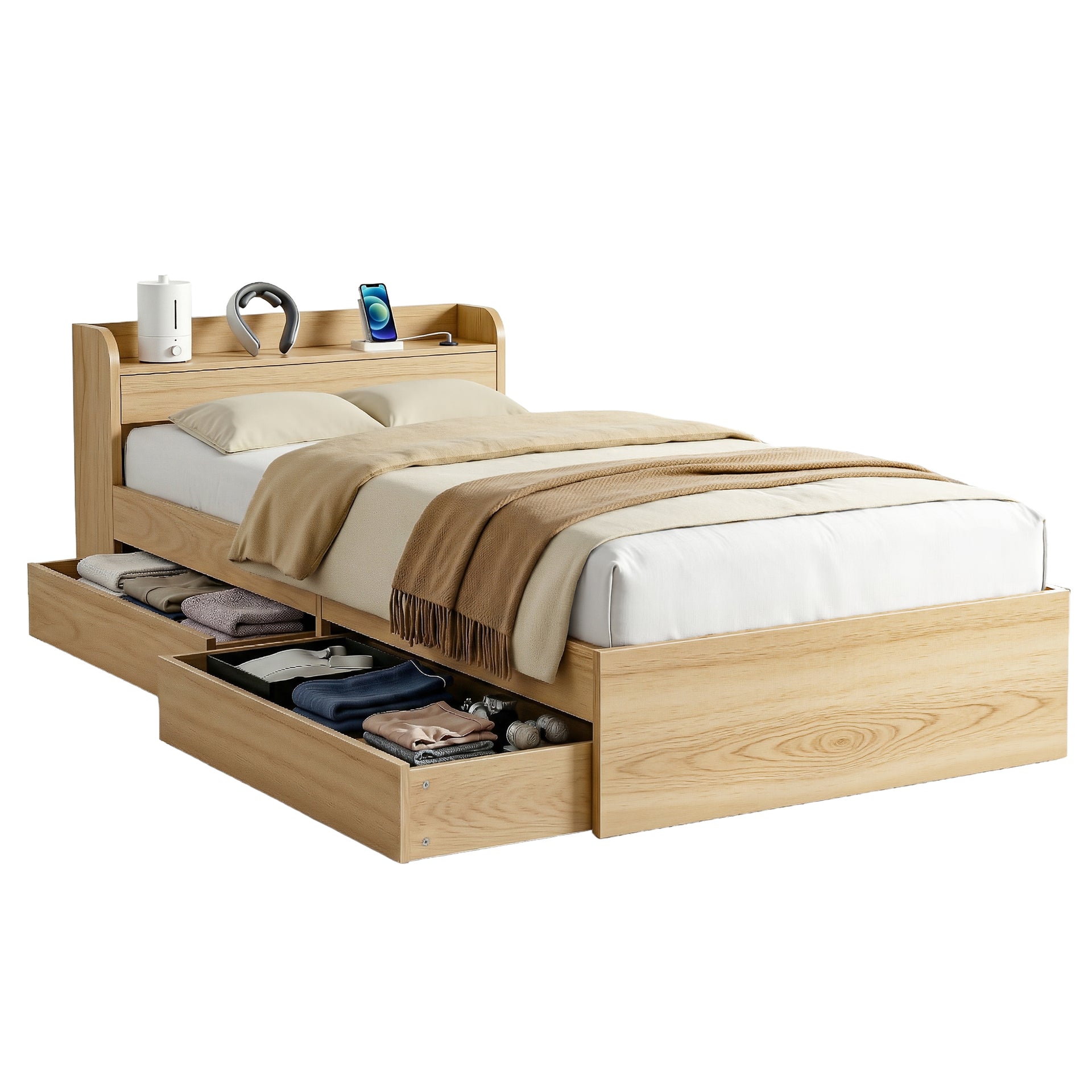 Artiss Single Bed Frame with 2 Storage Drawers Platform Bed Base with USB Ports Sturdy Wooden Slat Support Natural Awezingly