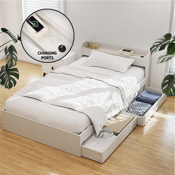 Artiss Bed Frame Single Size with Charging Ports and 2 Drawers AURA Artiss