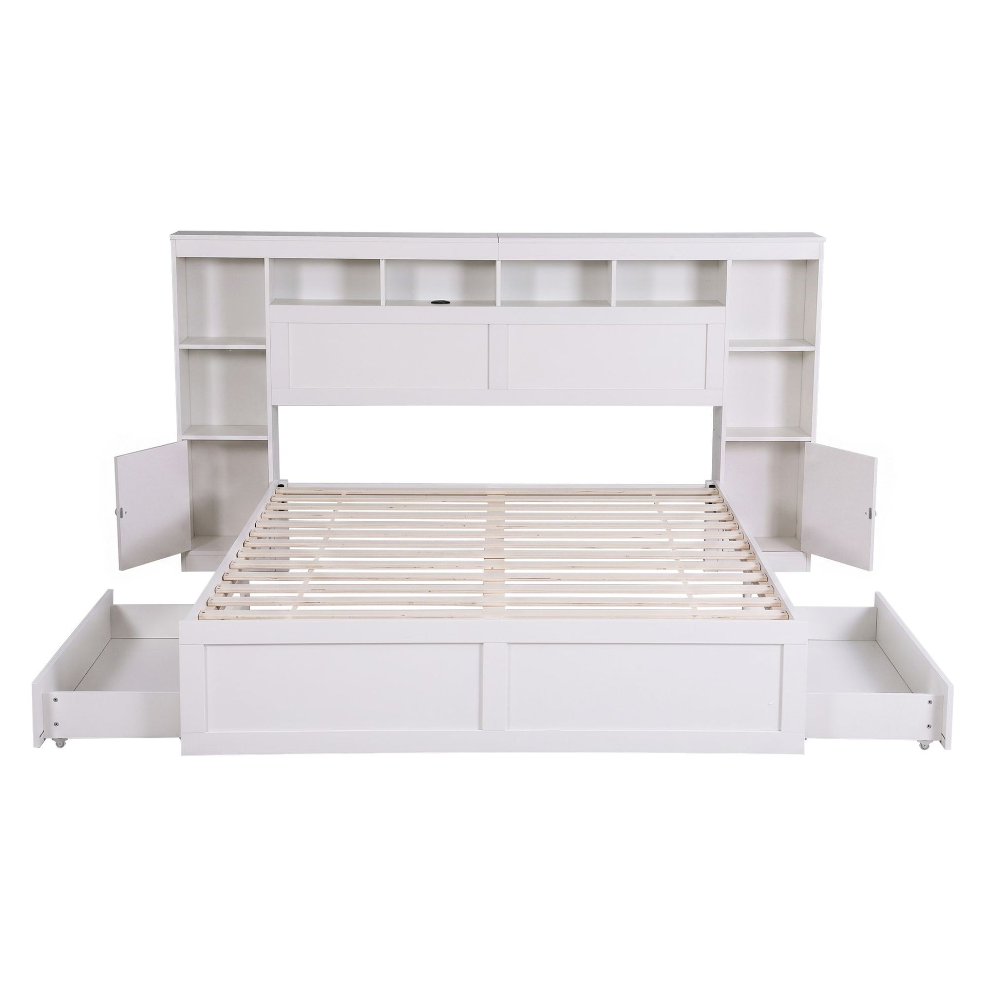 Artiss Queen Bed Frame with Storage Bookcase Headboard, USB & Type-C Ports & Drawers White Awezingly