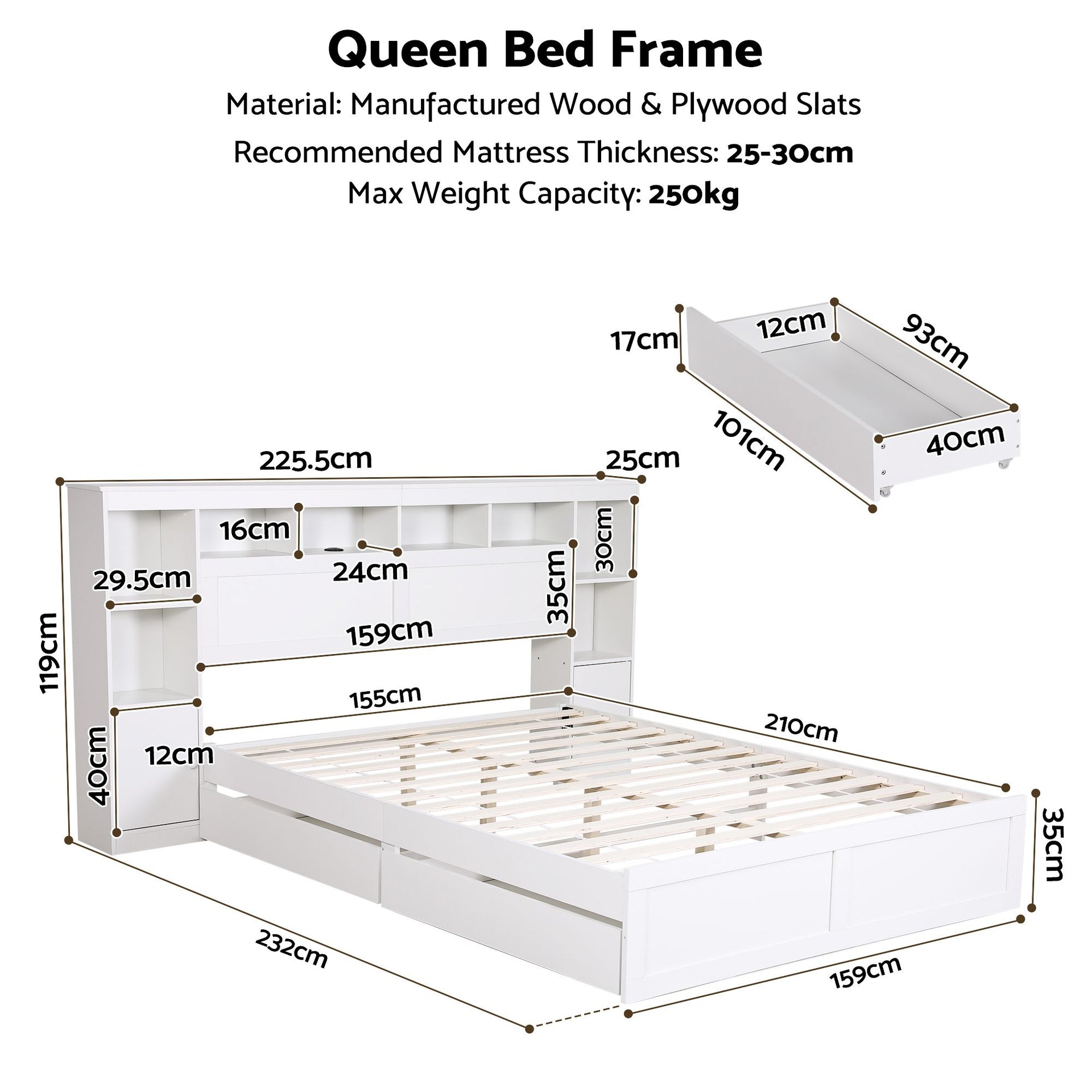 Artiss Queen Bed Frame with Storage Bookcase Headboard, USB & Type-C Ports & Drawers White Awezingly