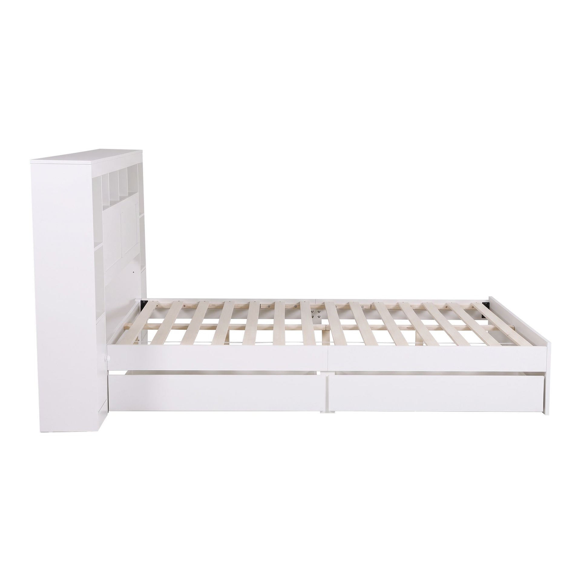 Artiss Queen Bed Frame with Storage Bookcase Headboard, USB & Type-C Ports & Drawers White Awezingly