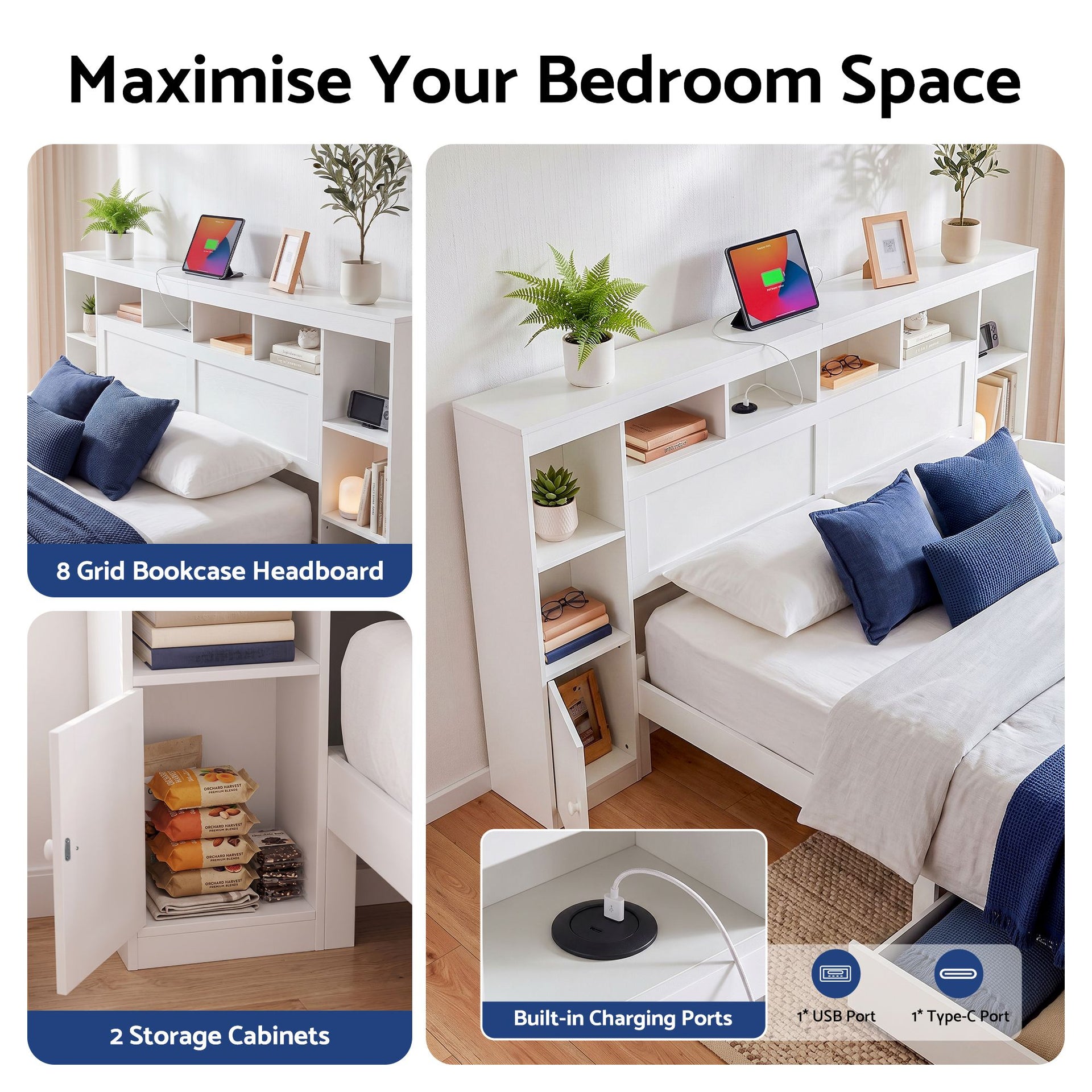 Artiss Queen Bed Frame with Storage Bookcase Headboard, USB & Type-C Ports & Drawers White Awezingly