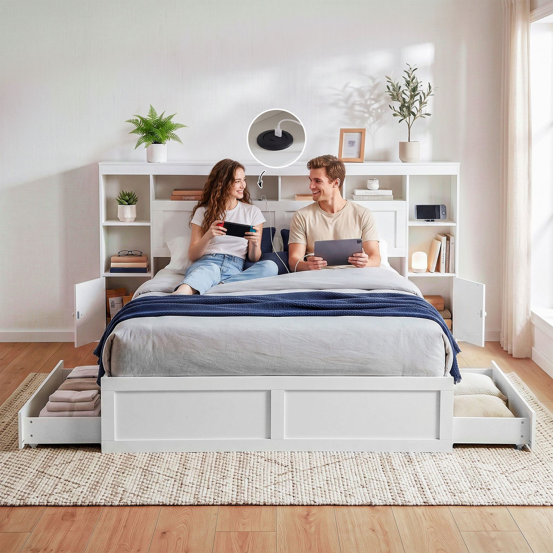 Artiss Queen Bed Frame with Storage Bookcase Headboard, USB & Type-C Ports & Drawers White Awezingly