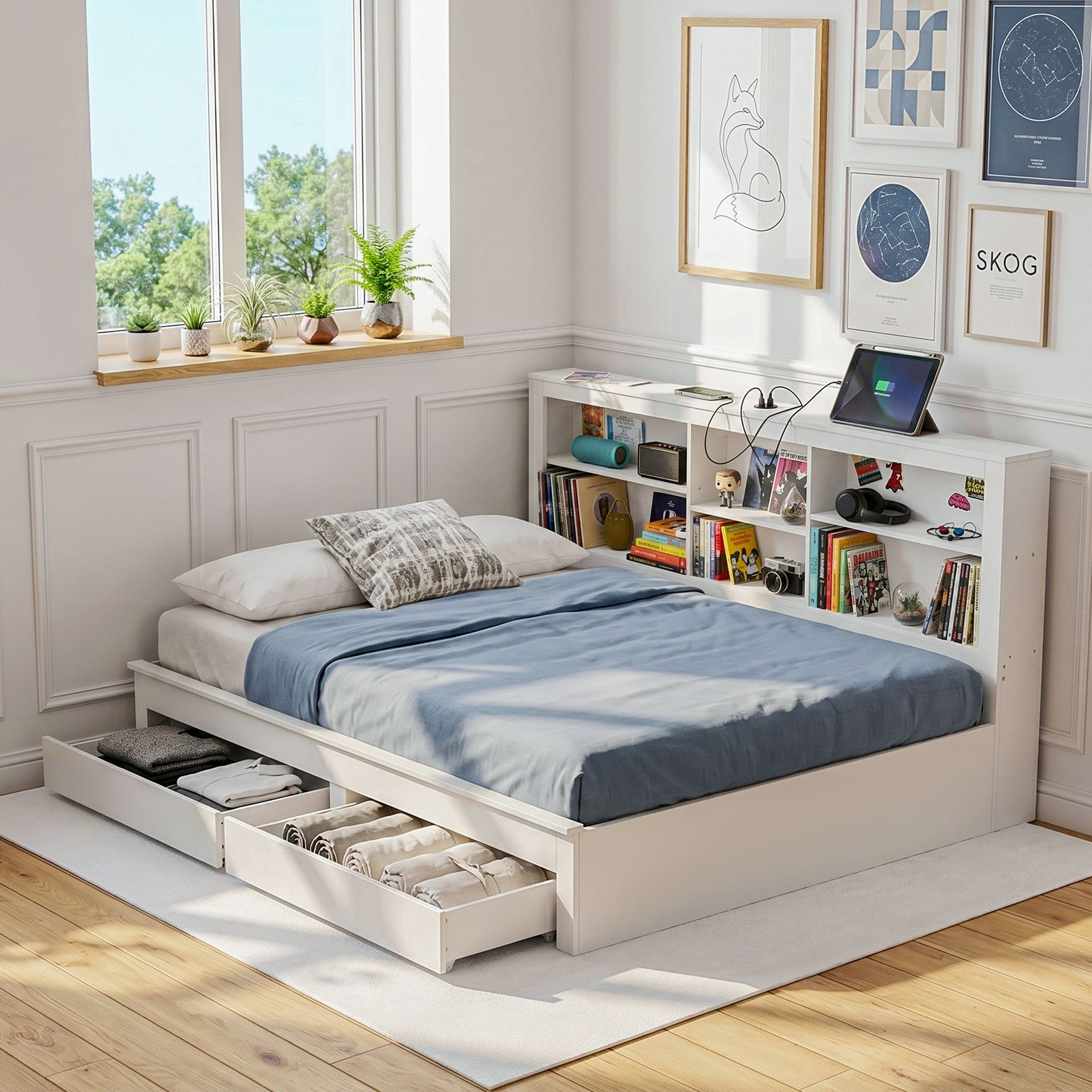 Artiss Noise-Free White Farmhouse Solid Wood Double Platform Bed Frame with Storage Headboard, Charging Station and Drawers for Bedroom and Apartment Artiss