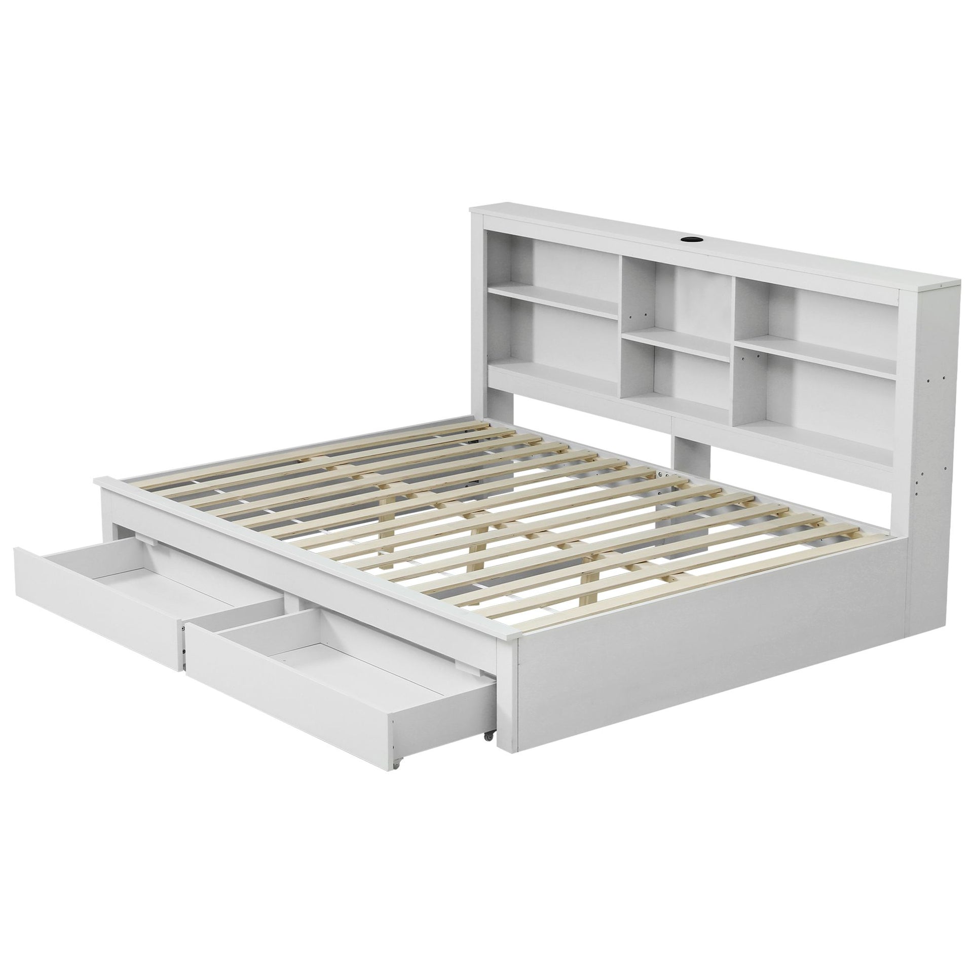 Artiss Noise-Free White Farmhouse Solid Wood Double Platform Bed Frame with Storage Headboard, Charging Station and Drawers for Bedroom and Apartment Artiss