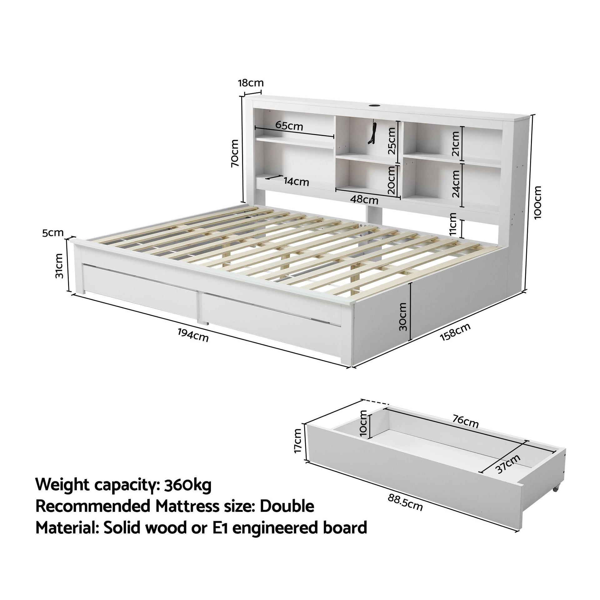 Artiss Noise-Free White Farmhouse Solid Wood Double Platform Bed Frame with Storage Headboard, Charging Station and Drawers for Bedroom and Apartment Artiss