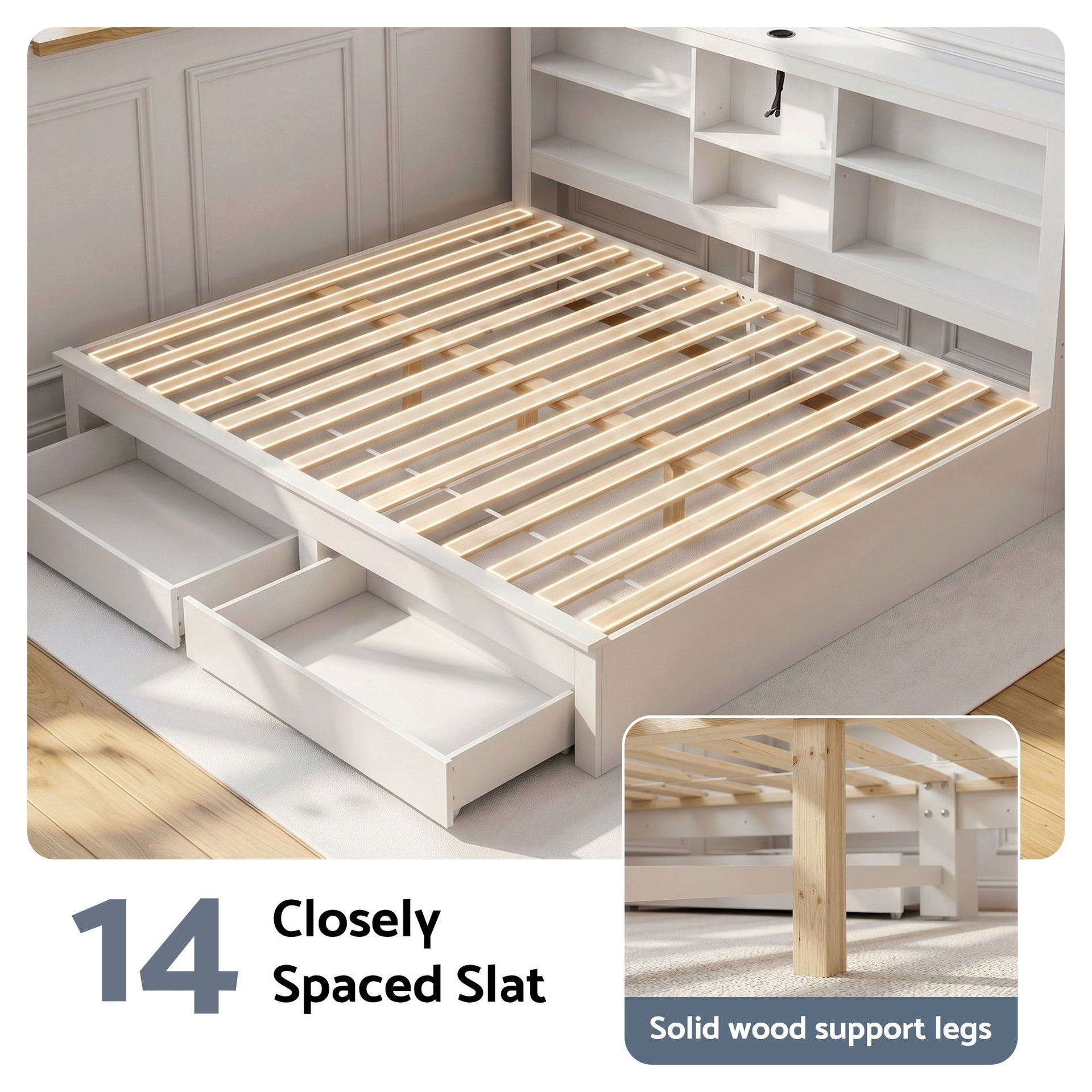 Artiss Noise-Free White Farmhouse Solid Wood Double Platform Bed Frame with Storage Headboard, Charging Station and Drawers for Bedroom and Apartment Artiss