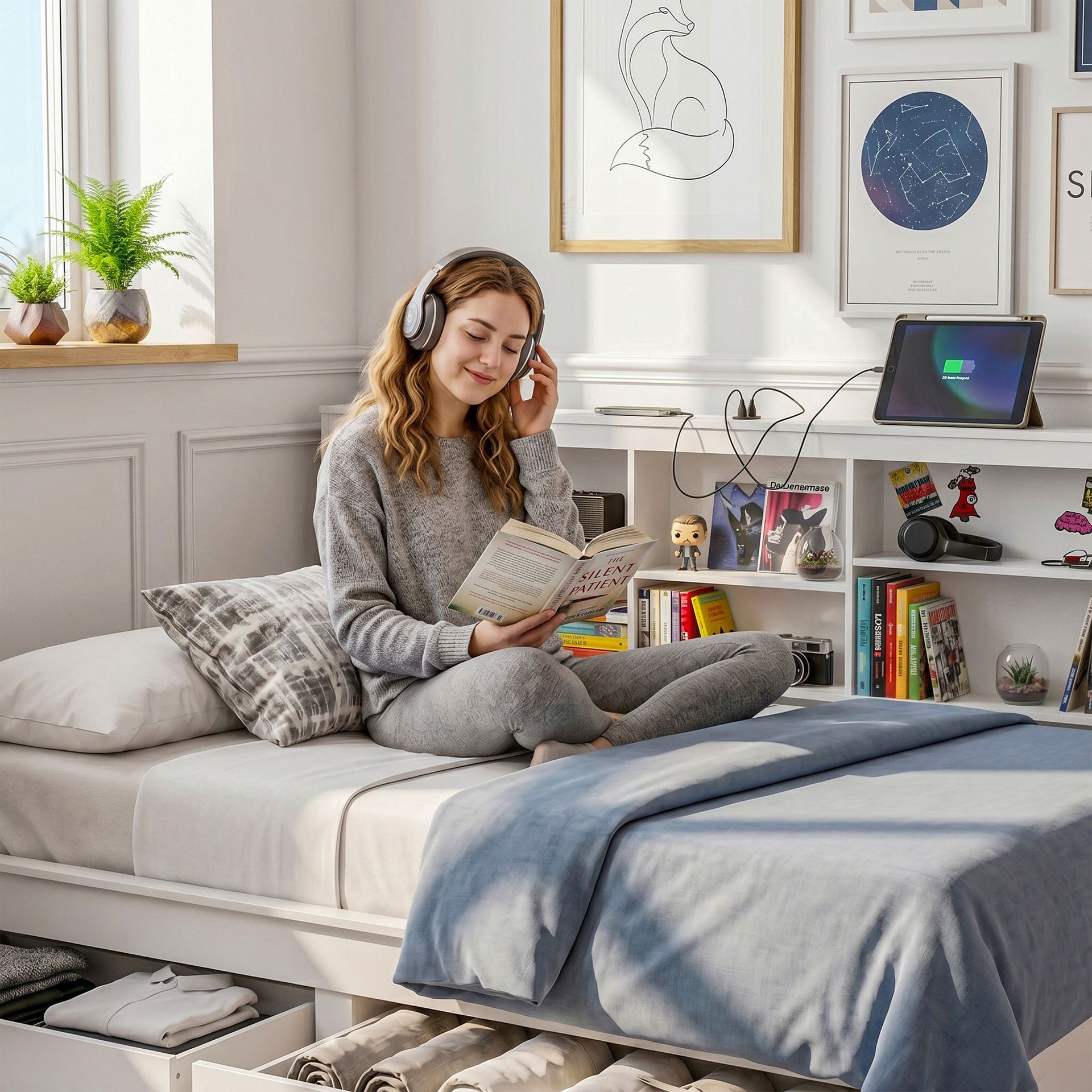 Artiss Noise-Free White Farmhouse Solid Wood Double Platform Bed Frame with Storage Headboard, Charging Station and Drawers for Bedroom and Apartment Artiss